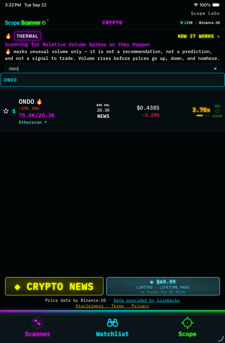 Contracts on iPad — the contract line on a scanner row, before it is tapped