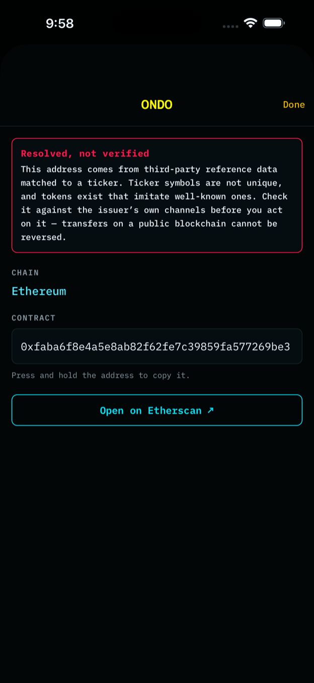 Contracts — The contract each coin trades as, resolved on its own native chain.